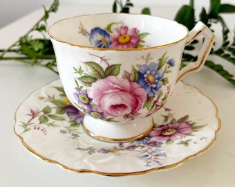 Vintage Aynsley Bone China Teacup & Saucer | Pink Cabbage Rose and bouquet, Floral Gold Trim