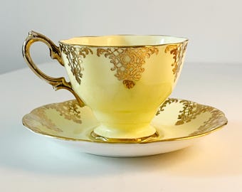 RARE Antique Royal Albert Crown China Teacup & Saucer | Pastel Yellow Gold Filigree | 1920s