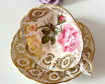 RARE Vintage Paragon Teacup Saucer | Giant Pink Cabbage Rose Gold Lace Fine China