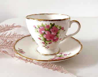 Vintage Foley Bone China Teacup Saucer with Pink Cherry Blossom