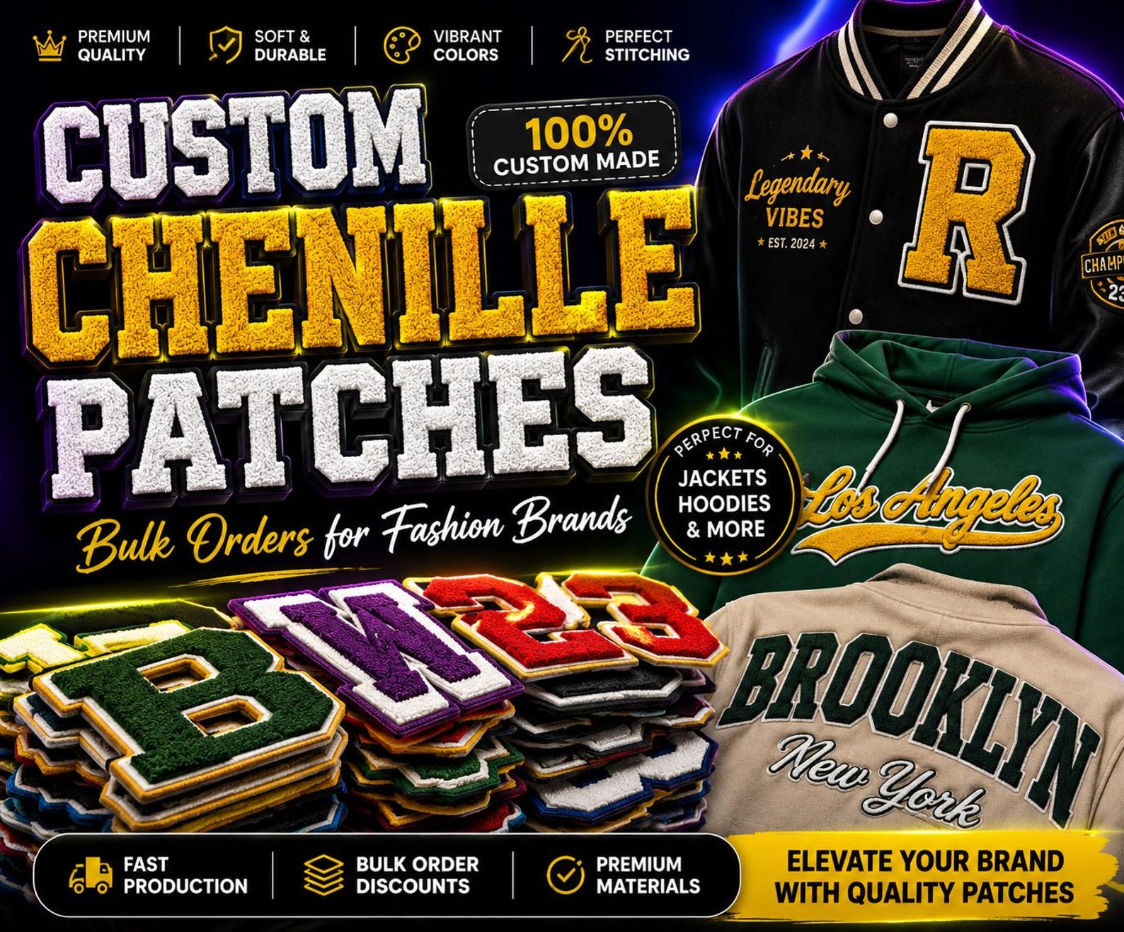 Custom Chenille Varsity Jacket Patches | Bulk Letterman Embroidery for Brands | Personalized Chenille Letter Patches