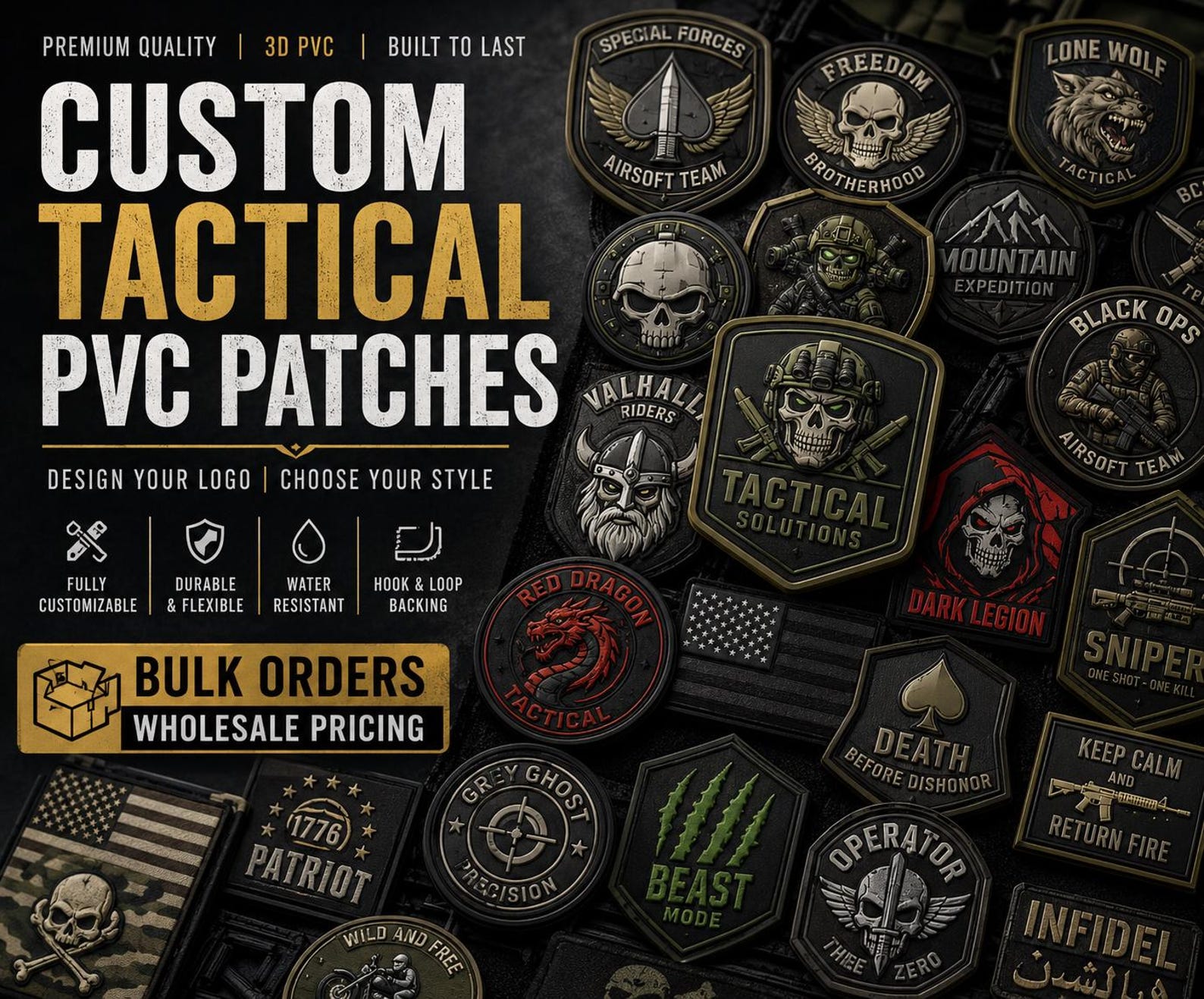Custom PVC Patches | Personalized Rubber Velcro Badges for Military, Airsoft, Tactical Gear & Business Branding | Bulk Orders Available