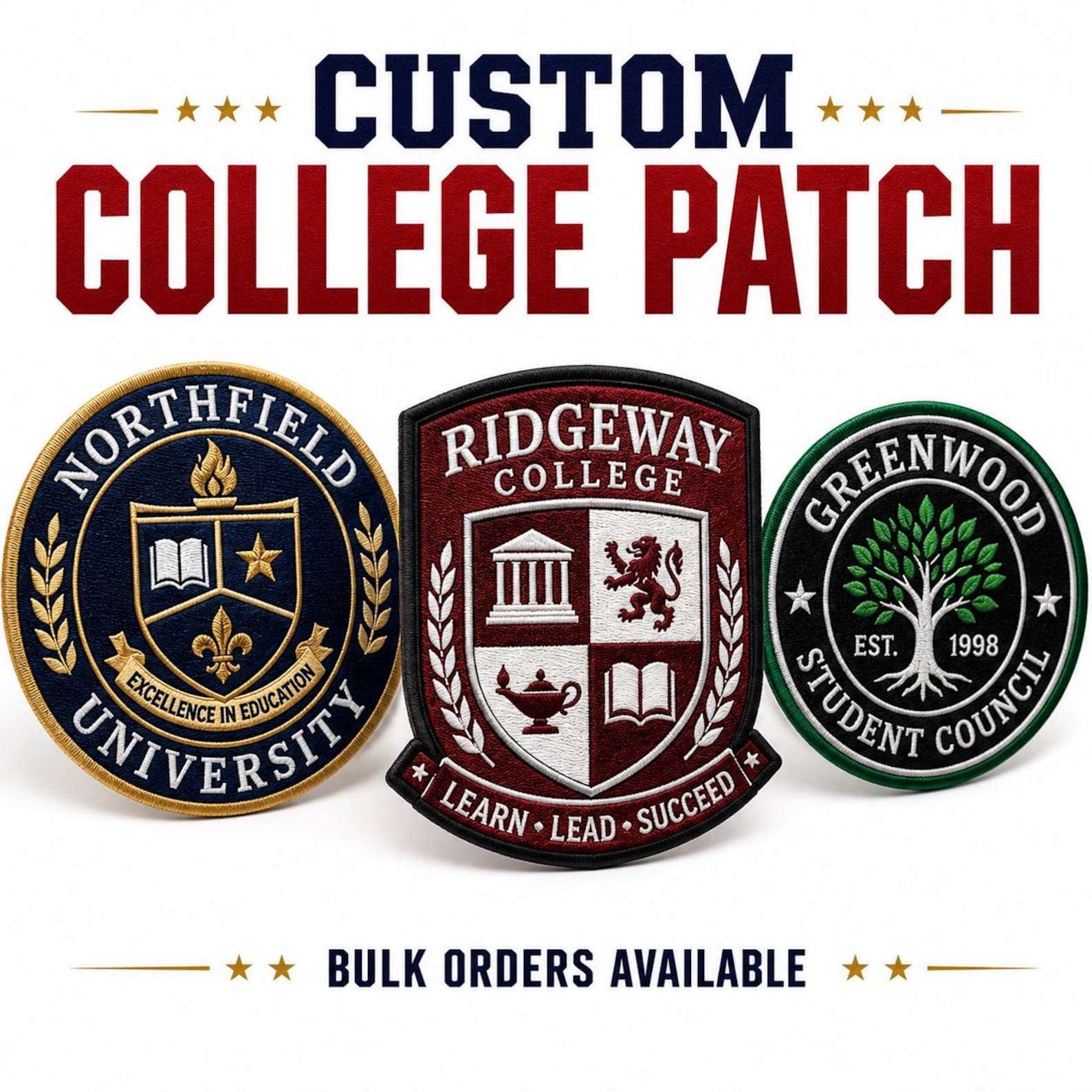 Custom College Patch | University Crest Emblem | School Logo Badge | Campus Apparel Applique
