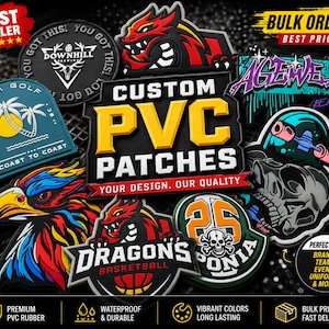 May include: A selection of custom PVC patches with diverse designs and colours. The patches display text such as "CUSTOM PVC PATCHES" and logos for sports teams and brands. The image also includes text that says "BEST SELLER".