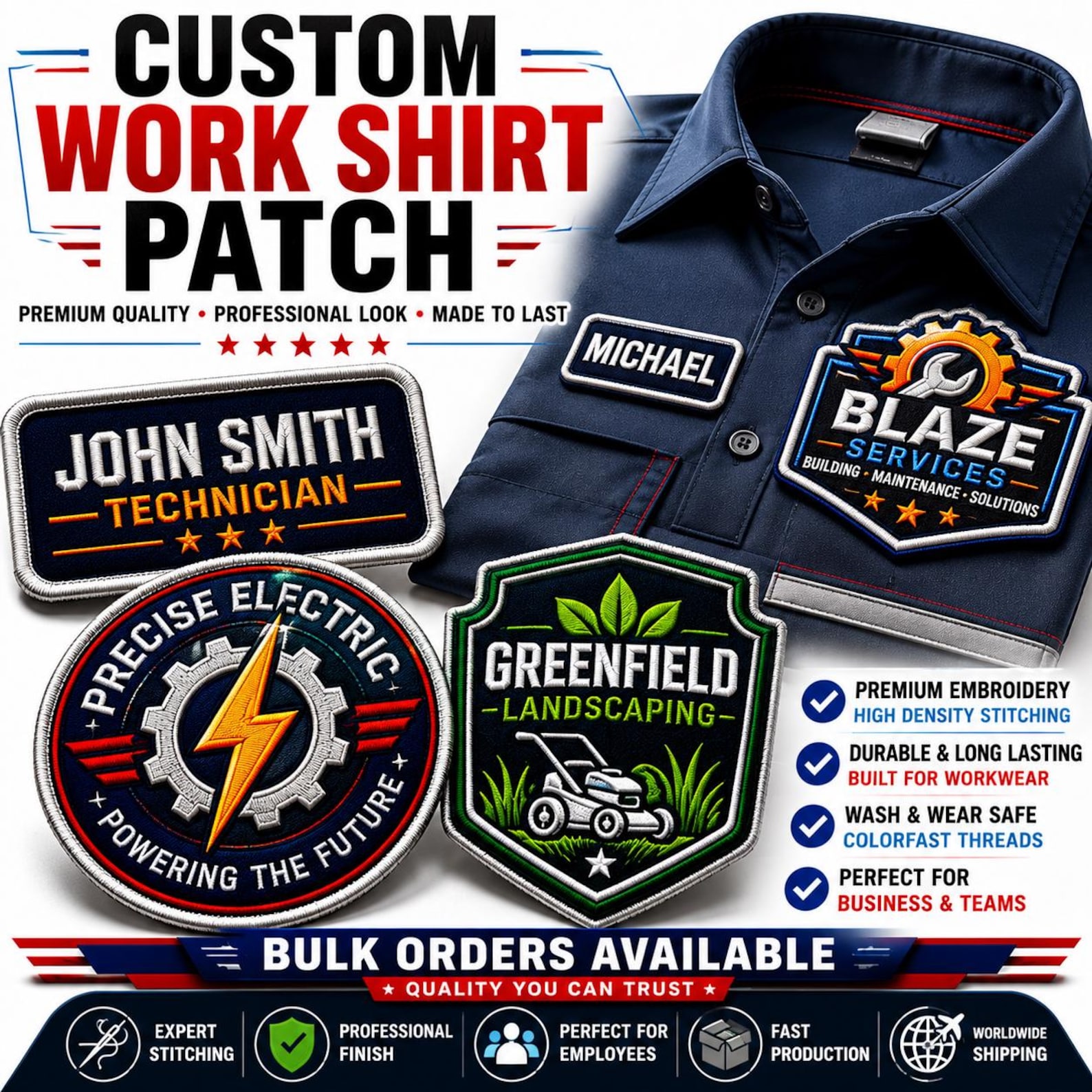 Custom Embroidered Work Shirt Patch | Business Logo Uniform Badge | Personalized Company Name Patches