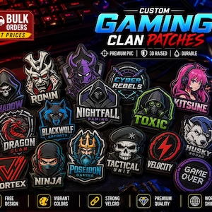 May include: A selection of custom gaming clan patches with diverse designs, such as a ninja, wolf, and skull. The patches are in vibrant colours and feature text like "Cyber Rebels" and "Toxic." The image also includes text that says "Bulk Orders Best Prices."