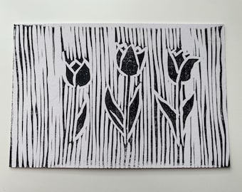 Tulip Linocut Print | Handmade Block Print Art | Floral Wall Decor