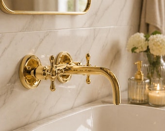 Grifo de pared de latón macizo: grifo mezclador de lavabo de baño vintage sin lacar