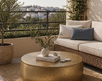 Gehämmerter Messing Trommel Couchtisch, Massives Mango Holz Basis, Boho Luxus Möbel