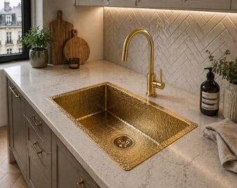 Hammered Brass Kitchen Sink – Solid Unlacquered Farmhouse Basin – Moroccan Artisan Rustic Luxury