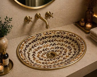 Lavabo de cerámica marroquí hecho a mano – Lavabo de baño con estampado floral pintado a mano