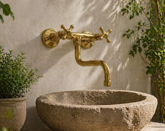 Grifo mural de latón sin lacar – Grifo de latón macizo con manija en cruz