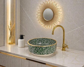 Lavabo marroquí pintado a mano y grifería de latón Emerald Oasis - Lavabo artesanal personalizado