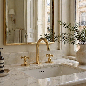 Unlacquered Brass Widespread Bathroom Faucet, Vintage Double Handle Sink Mixer