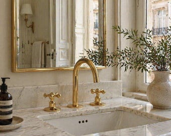 Unlacquered Brass Widespread Bathroom Faucet, Vintage Double Handle Sink Mixer