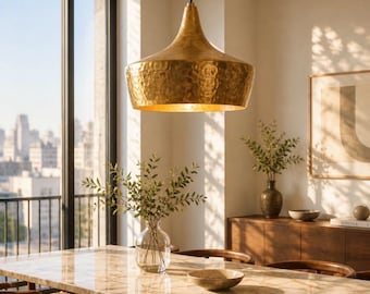 Handmade hammered brass dome pendant lamp – Polished Moroccan ceiling light, modern minimalist luxury lighting