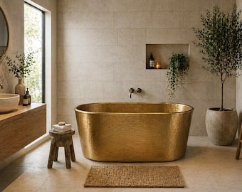 手作りのモロッコ風銅製バスタブ – 自立式、槌目仕上げの高級浸漬浴槽 – 職人による特注バスルーム浴槽