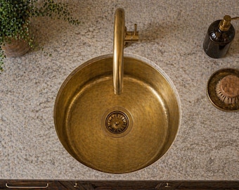 Antique Brass Bar Sink with Faucet – Handmade Artisanal Unlacquered Sink