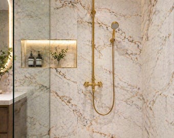 Antique Brass Exposed Pipe Shower System, Unlacquered Brass Set, Handheld Shower, Double Handle Outdoor Faucet