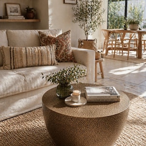 Pode incluir: Uma sala de estar com um sofá bege e almofadas estampadas, uma mesa de centro redonda e texturizada e um tapete tecido. Uma pequena planta em um vaso de vidro, velas e livros estão sobre a mesa. Uma árvore em uma cesta tecida está ao fundo.