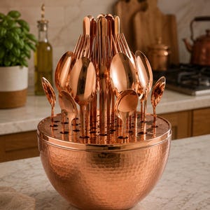May include: A copper-colored flatware set featuring spoons and forks arranged vertically in a circular, hammered copper base. The utensils have a polished, reflective finish and are held upright in a container with a textured, dimpled exterior.