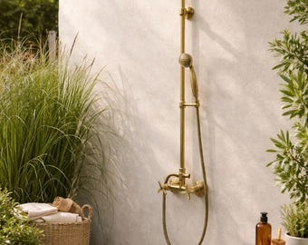 Sistema de ducha artesanal de latón sin lacar, cabezal de ducha tipo lluvia + ducha de mano, kit de ducha para baño y exteriores.