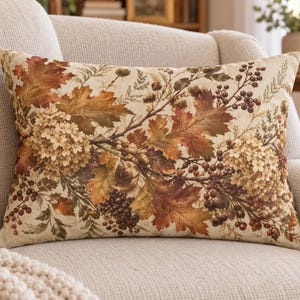 Coussin lombaire avec garniture, motif feuilles et baies d'automne, en polyester filé, 51 x 36 cm