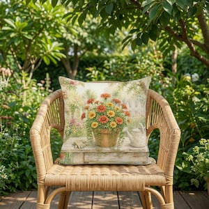 Almofada com flores de gerbera em vaso | Regador floral para jardim estilo cottagecore