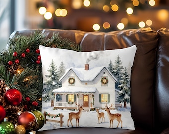 Snowy Cottage with Deer Pillow | Christmas Winter Decor