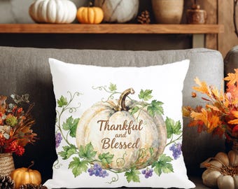Almofada de Abóbora "Agradecida e Abençoada" | Almofada Decorativa de Outono