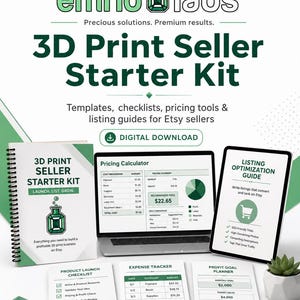 Puede incluir: Imagen promocional de un kit de inicio para vendedores de impresión 3D en Etsy. El kit incluye plantillas, listas de verificación y guías. La imagen presenta una computadora portátil, una tableta y materiales impresos con el texto "3D Print Seller Starter Kit".
