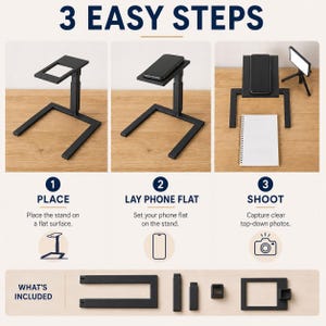 Puede incluir: Soporte de tel&eacute;fono negro ajustable con una base cuadrada y una plataforma para un tel&eacute;fono. La imagen muestra el soporte en tres pasos: colocar el soporte, colocar el tel&eacute;fono plano y tomar fotos desde arriba. El texto dice "3 PASOS F&Aacute;CILES".
