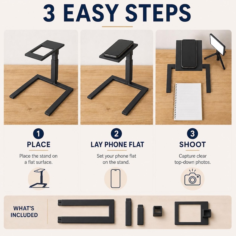 Puede incluir: Soporte de tel&eacute;fono negro ajustable con una base cuadrada y una plataforma para un tel&eacute;fono. La imagen muestra el soporte en tres pasos: colocar el soporte, colocar el tel&eacute;fono plano y tomar fotos desde arriba. El texto dice "3 PASOS F&Aacute;CILES".