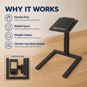 Puede incluir: Un soporte negro para smartphone con una parte superior rectangular y una base robusta. El soporte est&aacute; dise&ntilde;ado para su uso con manos libres y presenta una configuraci&oacute;n sencilla. La imagen tambi&eacute;n muestra las piezas incluidas y el texto "WHY IT WORKS".