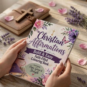 May include: A paperback coloring book titled Christian Affirmations Bold & Easy Faith-Filled Colouring Book Featuring Hope, Grace & Strength. The cover features floral illustrations, a butterfly, a cross, and a coffee mug graphic.