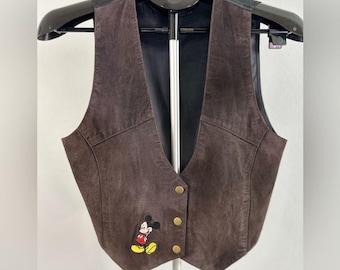 Kamizelka Vintage Mickey Unlimited z brązowego zamszu z haftem Myszki Miki Disney