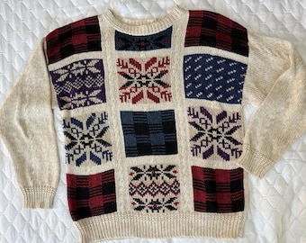 Sweter męski Woolrich w beżową kratę z łatkami i wzorem płatków śniegu, duży, bawełniany, dobry