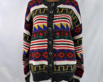 Sweter kardigan Lucia damski, średni, wielokolorowy, z dobrej mieszanki wełny, z geometrycznym guzikiem