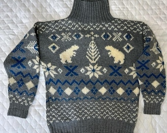 Sweter Marsh Landing damski, rozmiar L, szary, wełniany, dobry polarny niedźwiedź, Fair Isle, ręcznie robiony