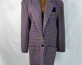 Paul Stanley Blazer Women L Purple Tan Houndstooth Longline Vintage Button Front
