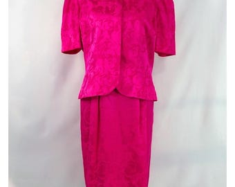 Traje de falda Adrianna Papell para mujer, talla 10, rosa, excelente, seda jacquard floral peplum.