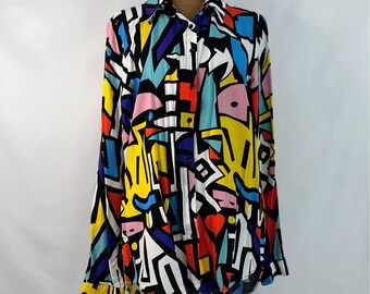 Big Dart Button Down Shirt Womens 14 Multicolor Excellent Abstract Pop Art 3721