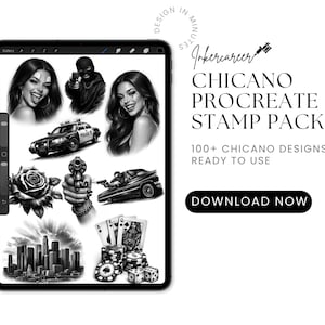 May include: A digital tablet showcases a collection of Chicano-style tattoo designs. The images include portraits, a police car, a gun, a lowrider car, a rose, playing cards, and a cityscape. Text on the screen reads "CHICANO PROCREATE STAMP PACK".