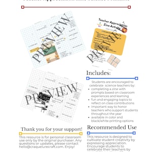 May include: A printable Teacher Appreciation Zine Science activity sheet. The sheet includes instructions, prompts, and a recommended use section. The preview shows examples of the zine's layout and content. The sheet is available in color and black/white.
