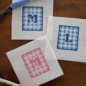 Custom Gingham Monogram Keychain Needlepoint Canvas 13 mesh