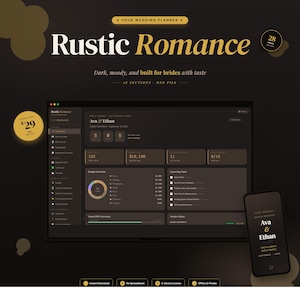 Puede incluir: Un planificador de bodas digital llamado "Rustic Romance" se muestra en una computadora portátil y un teléfono inteligente. El diseño es oscuro con detalles dorados. La pantalla muestra detalles de la boda, presupuesto y tareas. El texto incluye "Ava & Ethan".