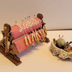 One inch scale dollhouse miniature bobbin lace pillow stand