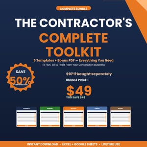Op de afbeelding: Een marineblauwe afbeelding met oranje en witte tekst met de tekst "THE CONTRACTOR'S COMPLETE TOOLKIT". Het bevat sjablonen, een bonus-PDF en een besparing van 50%. De toolkit bevat sjablonen voor offertes, budgetten, facturen, winst- en verliesrekeningen en boeken.