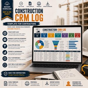 Op de afbeelding: Een digitaal Construction CRM Log-sjabloon weergegeven op een laptopscherm, met kleurrijke gegevensgrafieken, een verkooptrechter en een projectvolgtabel. De interface bevat secties voor leads, status en projectdetails voor aannemers.