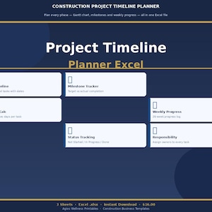 May include: A dark blue digital project timeline planner with white text boxes. The title "Project Timeline Planner Excel" is in large white letters. The planner includes sections for Gantt Timeline, Milestone Tracker, and Weekly Progress.